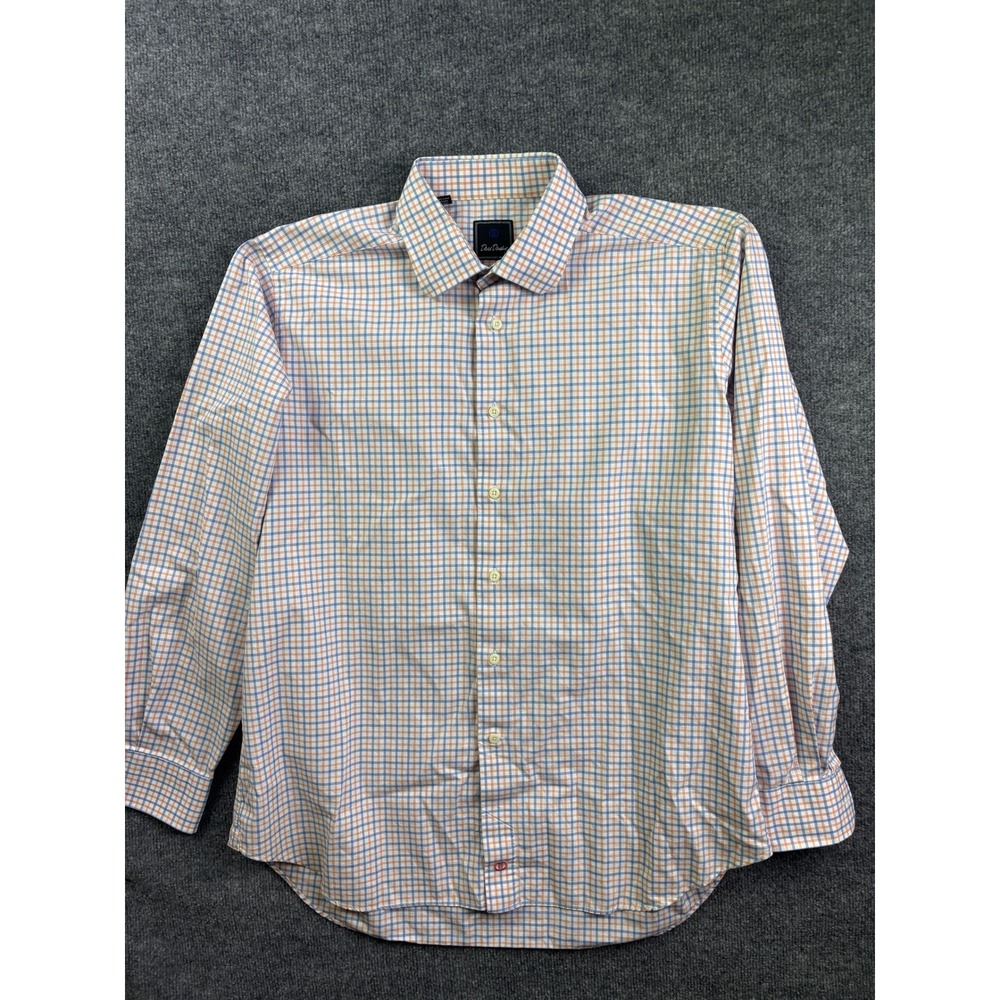 David Donahue Dress Shirt Womens 17 36/37 Blue Orange Plaid Cotton Button Down